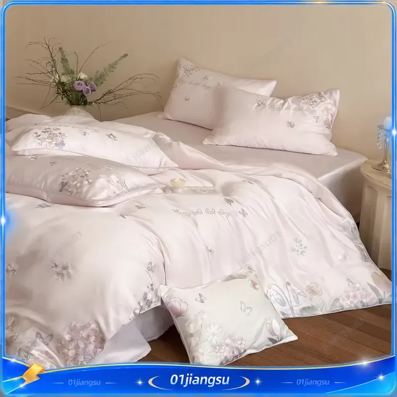 600TC Lyocell Cotton Bedding Set Floral Embroidery Soft Silky Luxury Duvet Cover Flat Fitted Sheet Pillowcase 4 Piece Home
