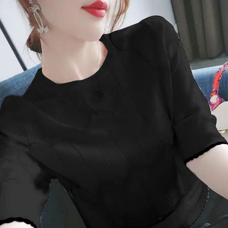 Fashion O-Neck Knitted Spliced Loose Striped Blouse Women\'s Clothing 2023 Spring New Casual Pullovers Short Sleeve Korean Shirt