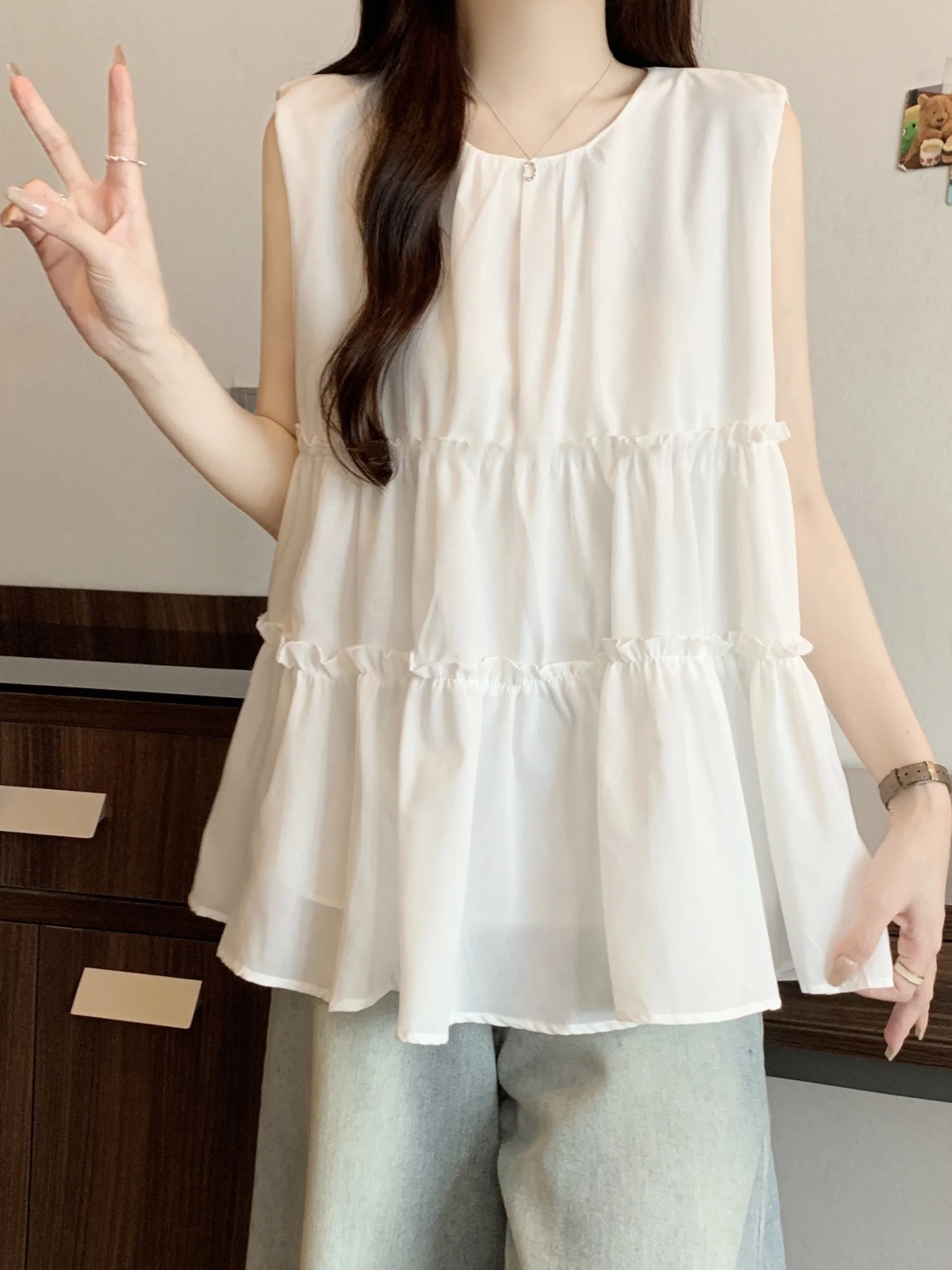 プラスサイズ ホワイトウッド風 フリルベスト レディース 夏用 ラウンドネック ドール風 お腹カバートップ