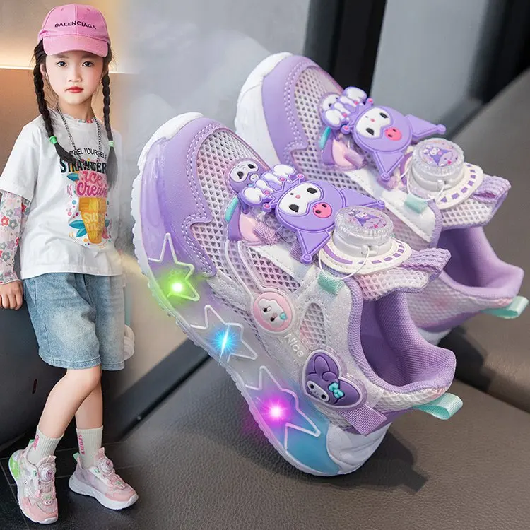 Kawaii Kuromi Shoes Sanrios Girls New Casual Sneakers Light Up Melody Tennis Cartoon Cute Princess Children Running Light Shoes