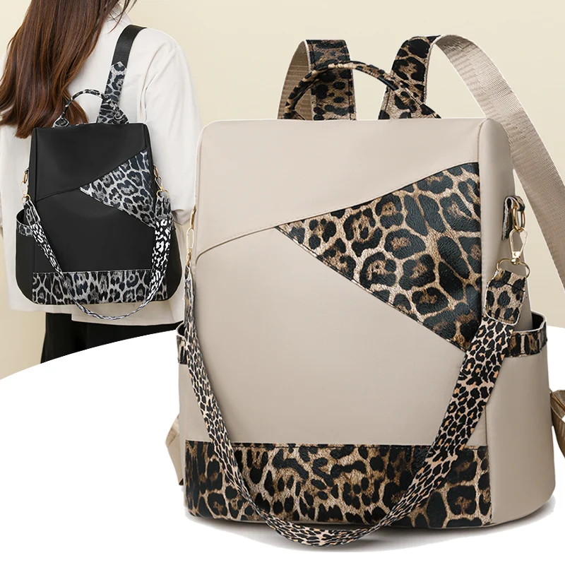 New Women's Large Capacity Leisure Backpack Fashion Leopard Pattern Color Blocking Travel Bag Female Students Computer Backpack