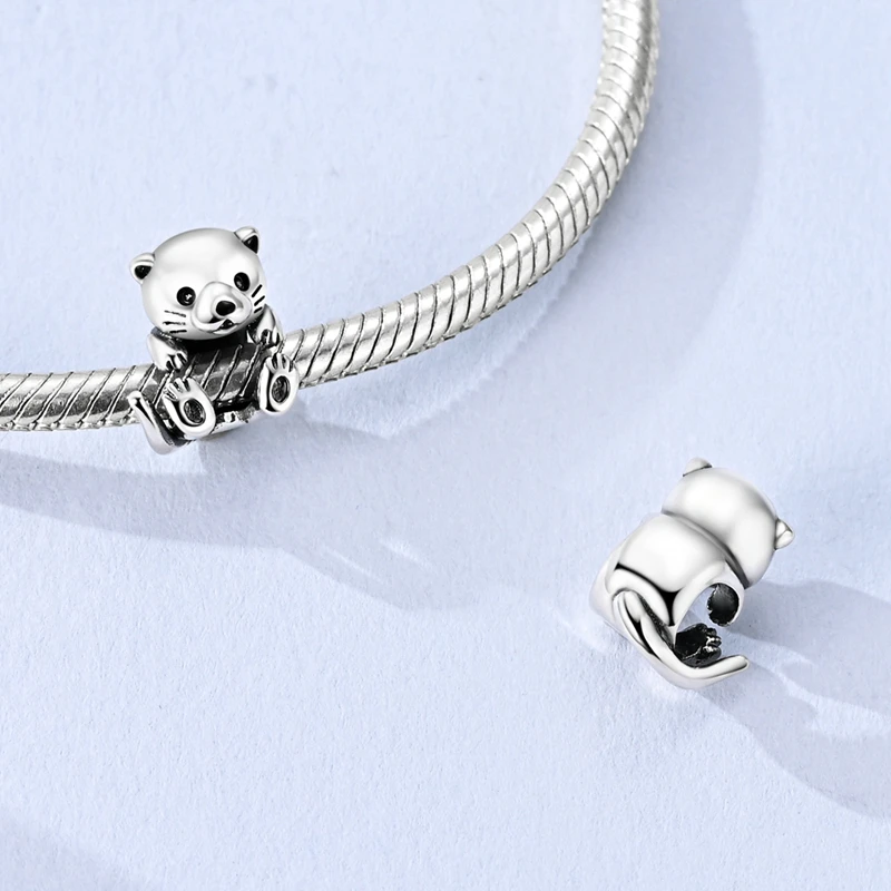 Otter Holding Perlenanhänger aus 925 Sterling Silber mit CZ Zirkon, passend für Original-Armbänder, DIY-Schmuckgeschenk – Detail 4