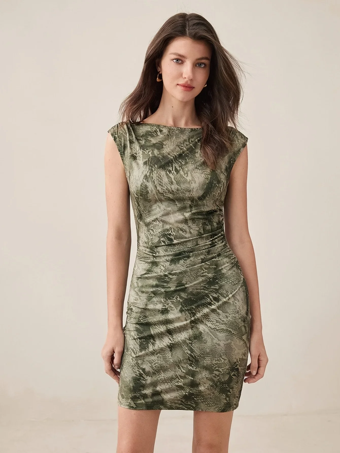 Damen-Kleid mit Schlangenhaut-Print, Rundhalsausschnitt, Puffärmeln, schmales kurzes Kleid, modisches kompaktes Design
