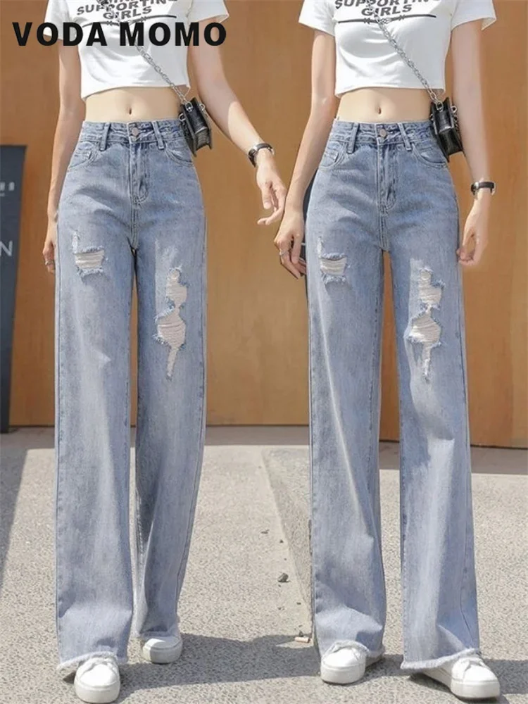 Rasgado namorado moda feminina cintura alta y2k calças de brim de perna larga feminina baggy mulher denim calças compridas jean mãe calças jeans