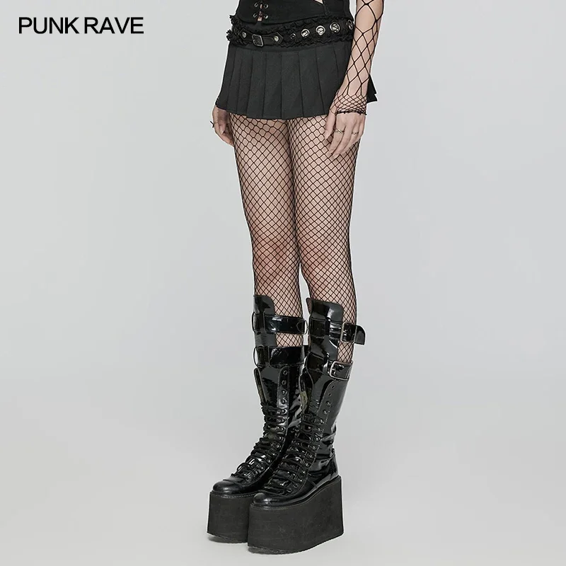 PUNK RAVE Women's Punk Personalized Sexy & Attitudinal Short Pleated Skirt Detachable  Leather Loop Black Mini Skits