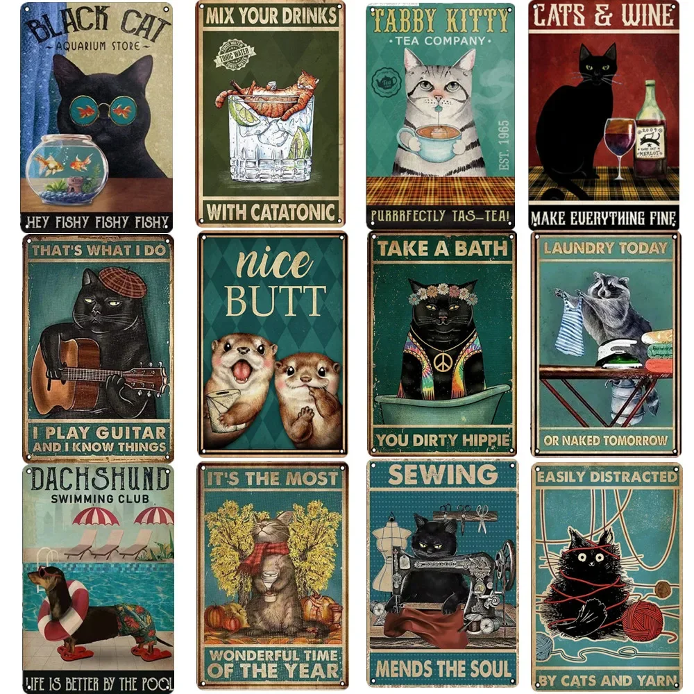 Letrero de Metal de gato negro para mujer, placa de estaño Vintage de 30x20cm, decoración de café, Yoga, dormitorio, Club, placa artística Vintage para el hogar, póster de pared