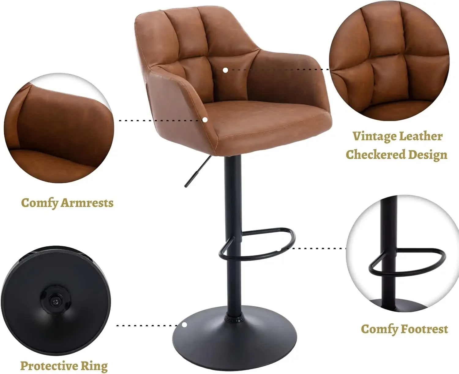 EALSON โมเดิร์นเก้าอี้บาร์หมุนชุด 2 หนังความสูงเคาน์เตอร์ Barstools พร้อมพนักพิงและแขนปรับเก้าอี้บาร์