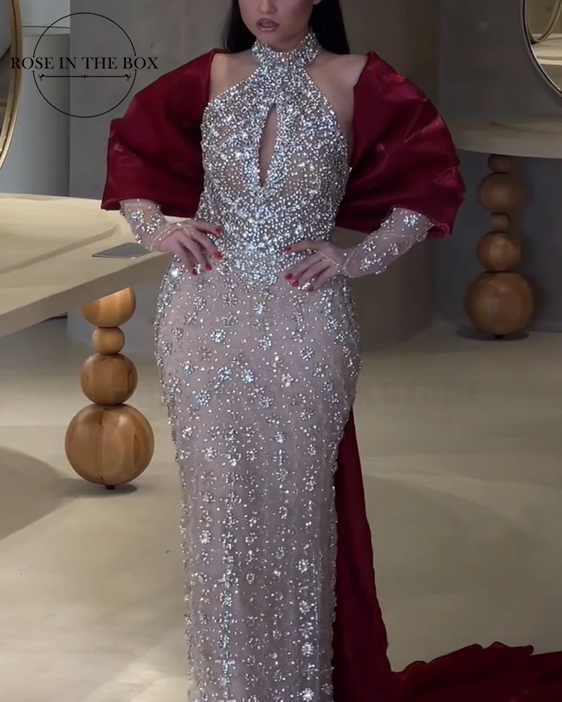 

ROSEINTHEBOX Customized Sparkling Crystal-Embellished Halter-Neck Sheath Evening Dresses Burgundy Cape Train and Bow Back Train