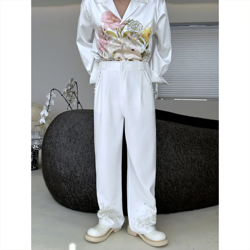 

Men's Casual Pants Spring 2026 Glittering Diamond Embellied Straight Leg Faionable Urban Sle mid High Waist Polyester F...