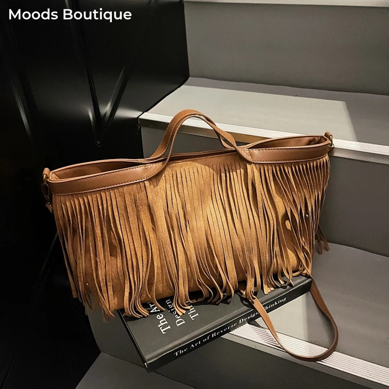 

MOODS Retro Tassels Top-handle Bag For Women Wild Stylish Suede Big Capacity Shopper Shoulder Tote 2025 Designer Handbags Luxury