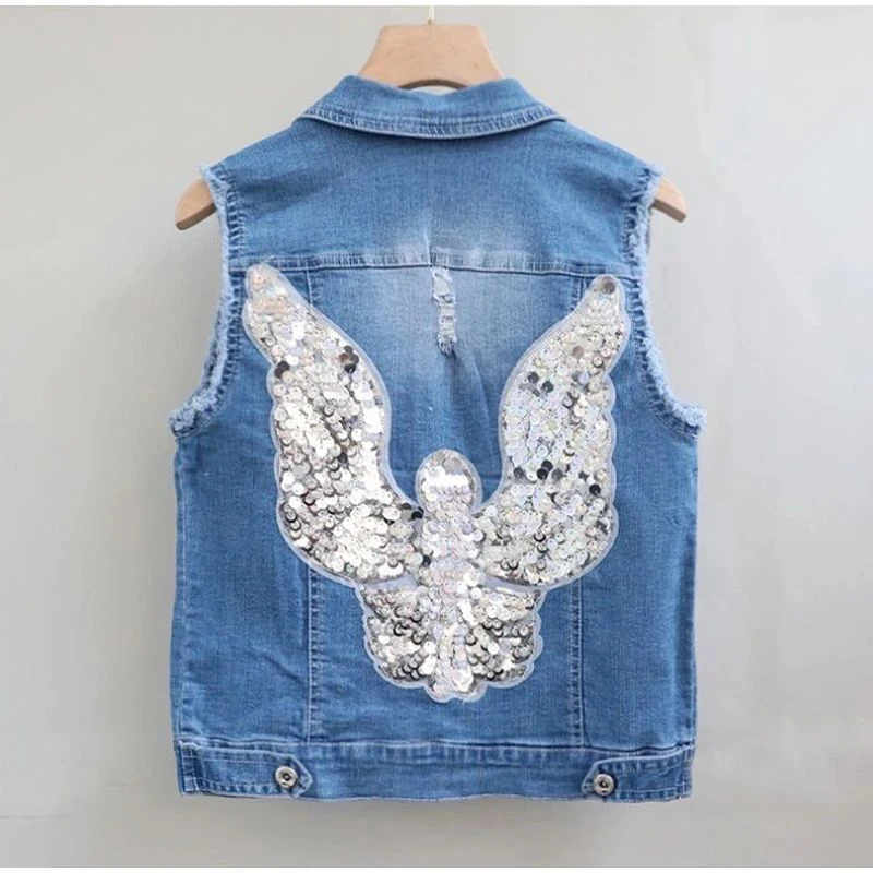 Fashion Denim Vest Jacket Womens Spring Summer New Basic Vests Coat Elastic Embroidery Sequins Female Korean Cowboy Waistcoat