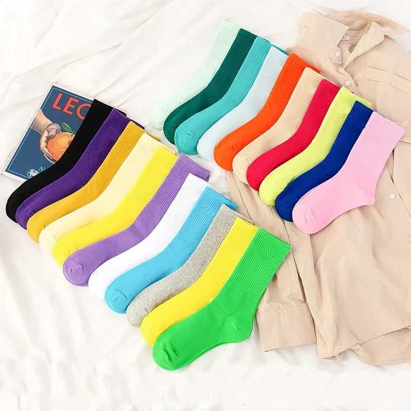 New sock women's high tube cotton ins cotton socks dopamine tidal socks breathable women's solid color college style sports sock