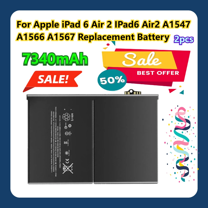 

For Apple iPad 6 Air 2 IPad6 Air2 A1547 A1566 A1567 7340mAh Replacement Battery 2pcs