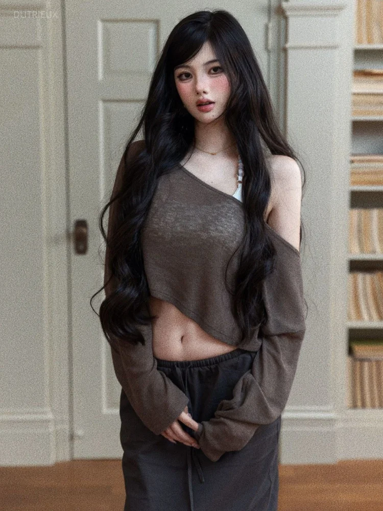 Y2k Aesthetic Two Pieces Set Women Skew Collar Sun Protection Cropped T-shirt + Sexy Halter Solid Tank Top Summer Grunge Suit