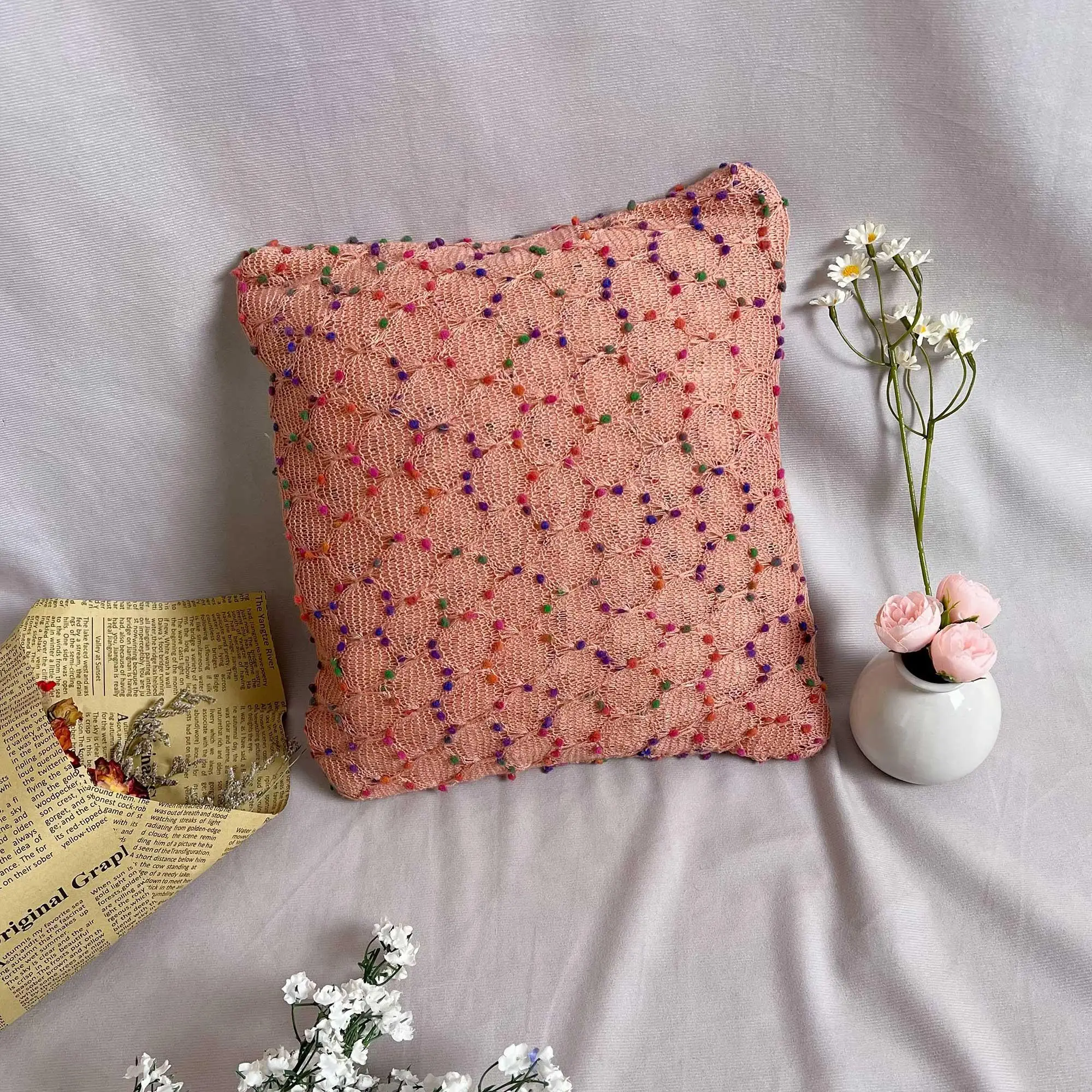 Waist Pillowcases Square Pillow, For Sofa Bedroom Decoration Sofa Accessory, White Rainbow Dots. Soft Decor