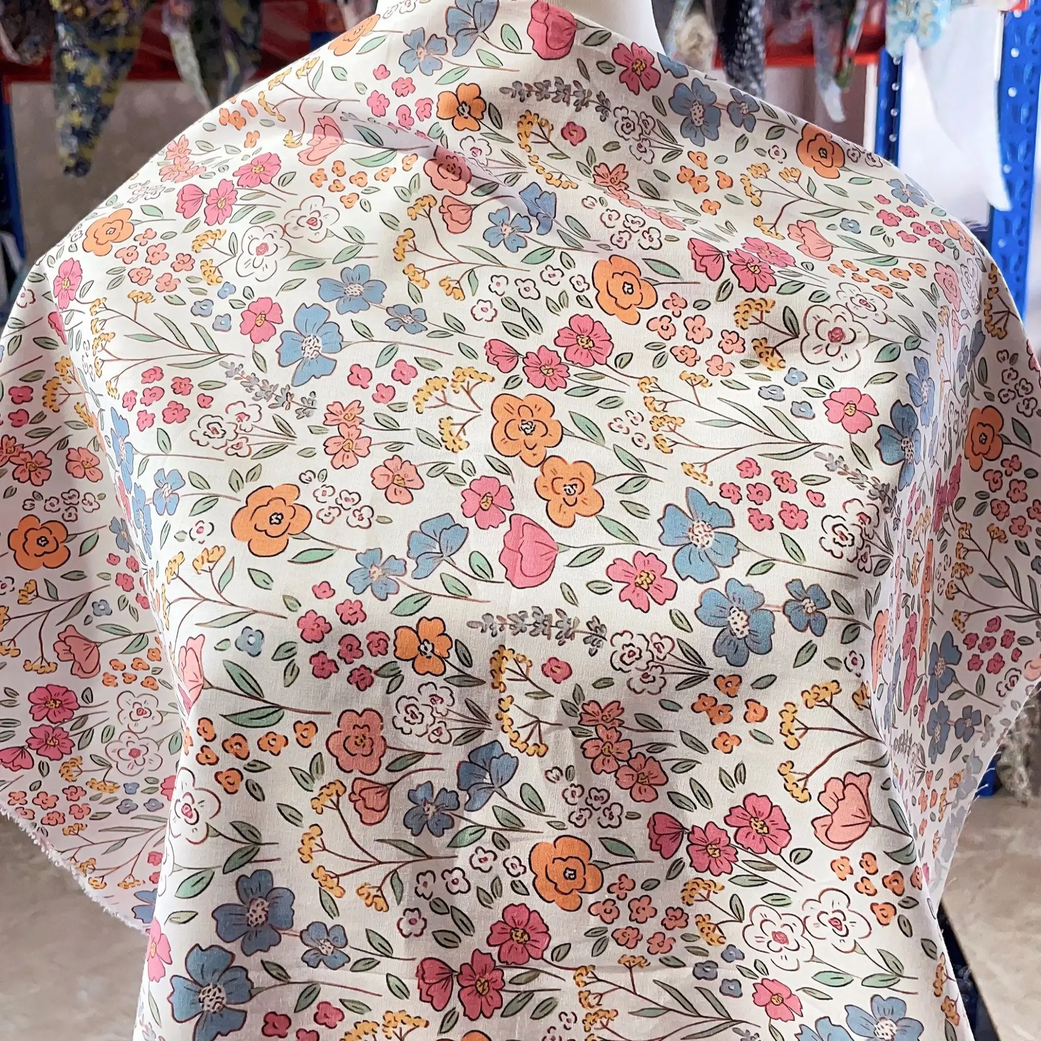 Vintage Floral Printed Cotton Fabric Women's Dress Colorful Mini Flowers Pattern Casual Loose Midi Dress for Summer Beach Holida