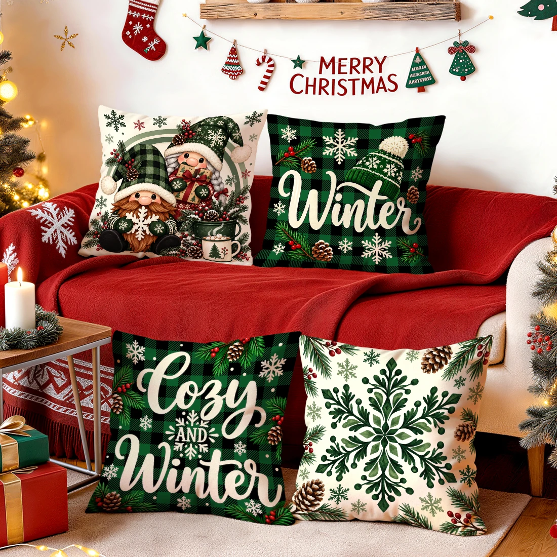 1/4pcs Green Plaid Christmas Goblin Cushions Pillowcase Polyester Cushion Cover Throw Pillow Pillowcover Home Car Sofa Decor