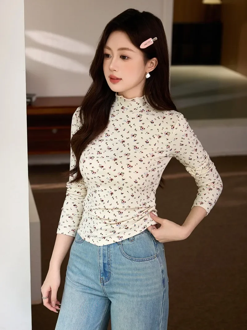 Femme New Chic Lace Tops All-Match Vintage Kawaii Cute White Top 2023 Women Harajuku Retro Floral Printing Long Sleeve T-shirts