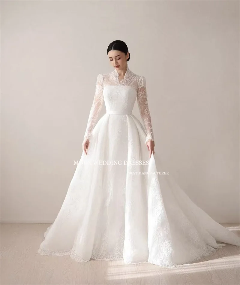 MODX Squisito abito da sposa in pizzo principessa con scollo a V maniche lunghe staccabile Sweep Train Abito da sposa formale da donna personalizzato