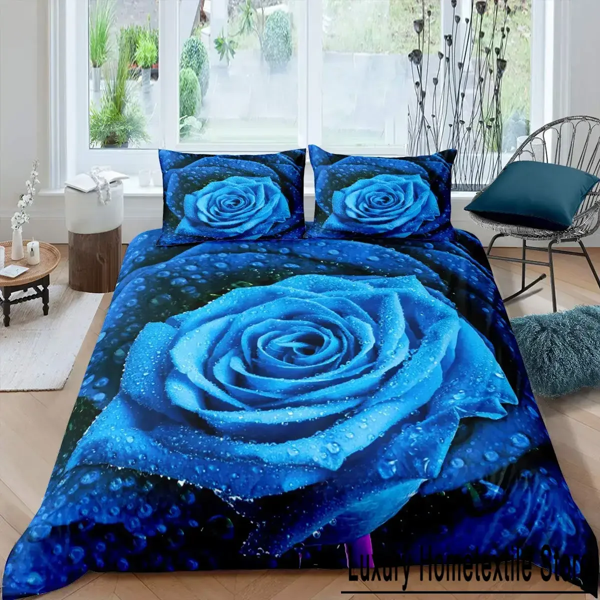 Blue Rose Floral Flowers Bedding Set Boys Girls Twin Queen Size Duvet Cover Pillowcase Bed Kids Adult Fashion Home Textileextile