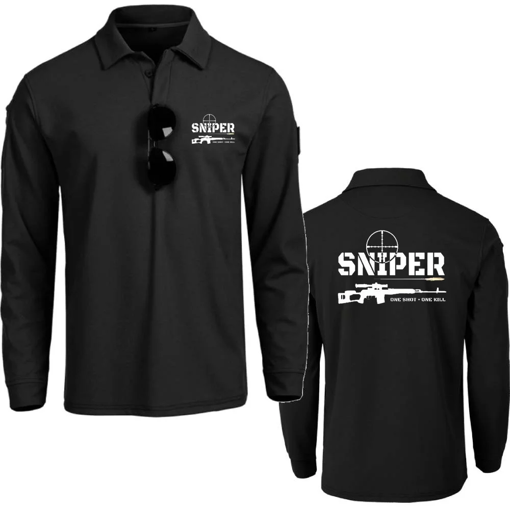 

Sniper One Shot One Kill Youth Men POLO Long Sleeve Sports Lapel Tops Polo Shirts Men Sports Outside Tactical Tops S-4XL