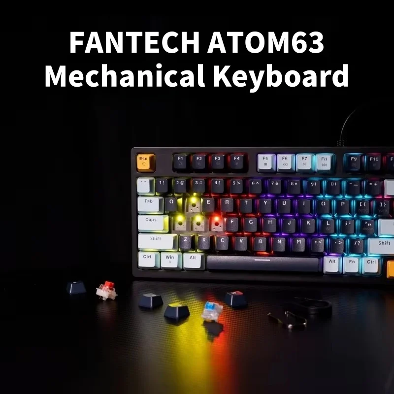 Teclado mecánico FANTECH ATOM63, perilla multifunción con luz RGB 75%, 26 teclas, teclado para juegos intercambiable en caliente de 3 pines Anti-ghosting
