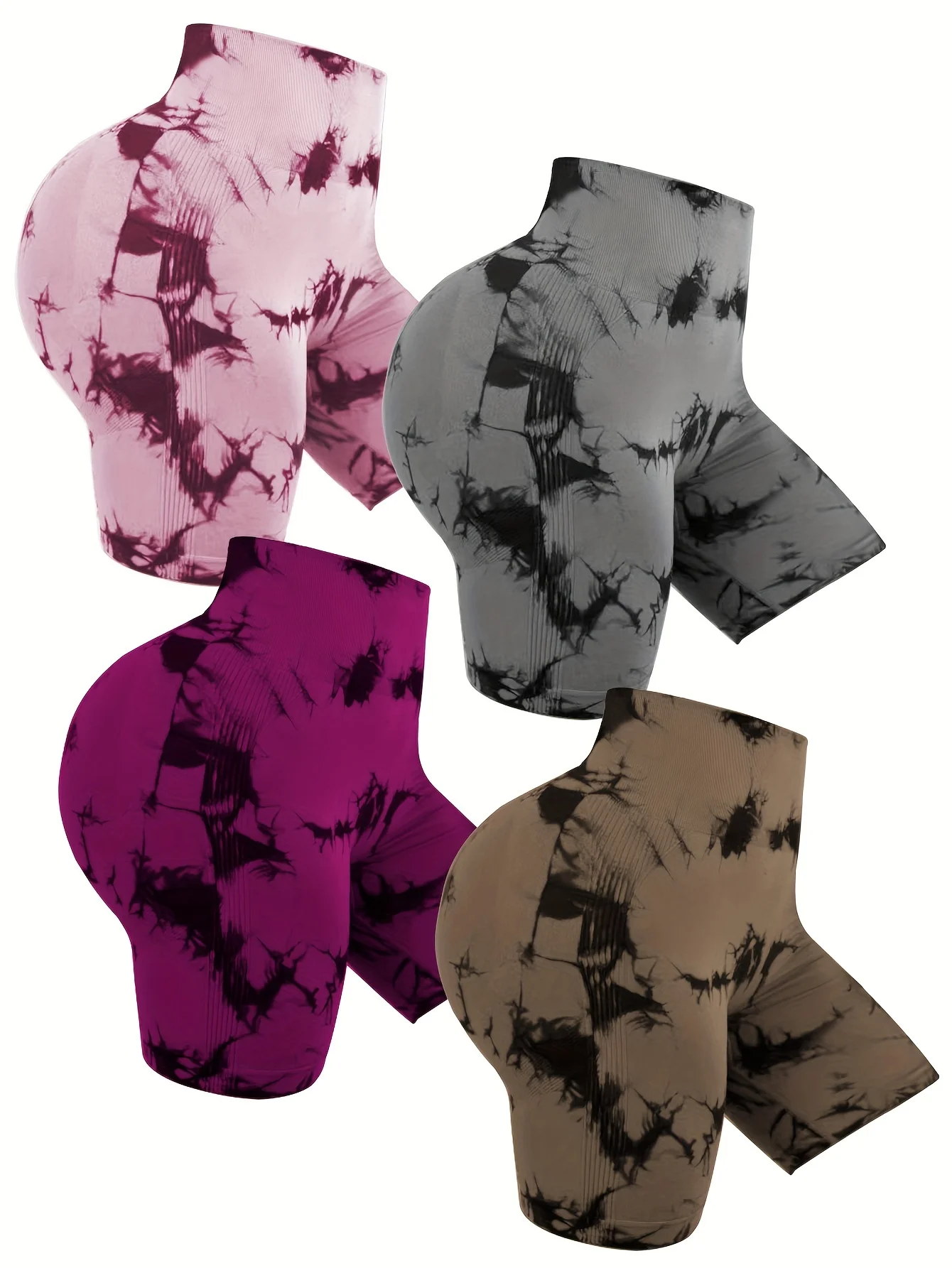 

4 Pack High Waist Women's Sports Shorts, Tie Dye Seamless Breathable Comfortable Sportswear, Gym Yoga Shorts