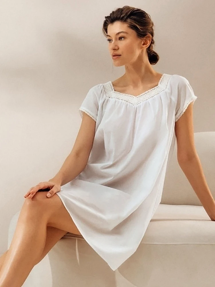 Linad White Night Dress Women Cotton Short Sleeve Sleepwear Female Loose Lace Patchwork Woman Dresses Solid 2023 Spring Casual