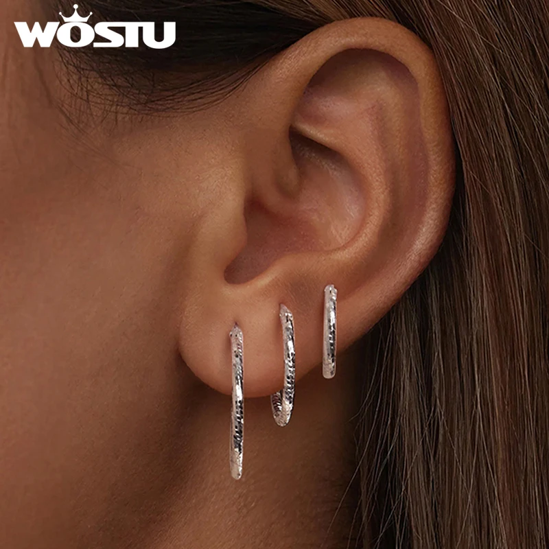 WOSTU ريال 925 فضة الزفاف كبير بسيط دائرة هوب أقراط للنساء متعدد الحجم لامعة الأذن الأطواق حلقة مجوهرات الحفلات