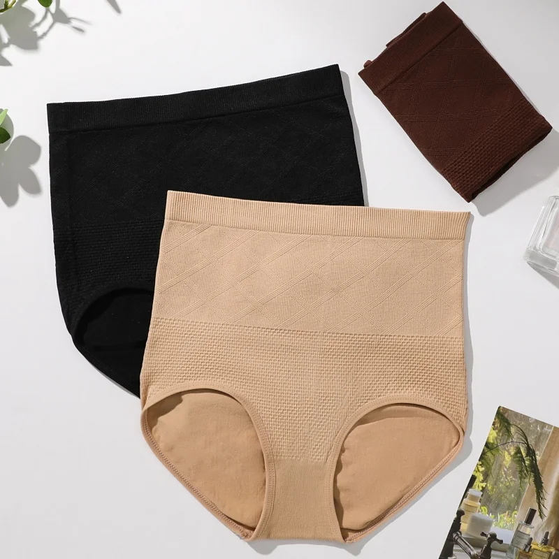Women Waffle Knit Panties High Waist Seamless Underwear Rhombus Jacquard Tummy Control Briefs Daily Wear Ladies Underpants M-XL