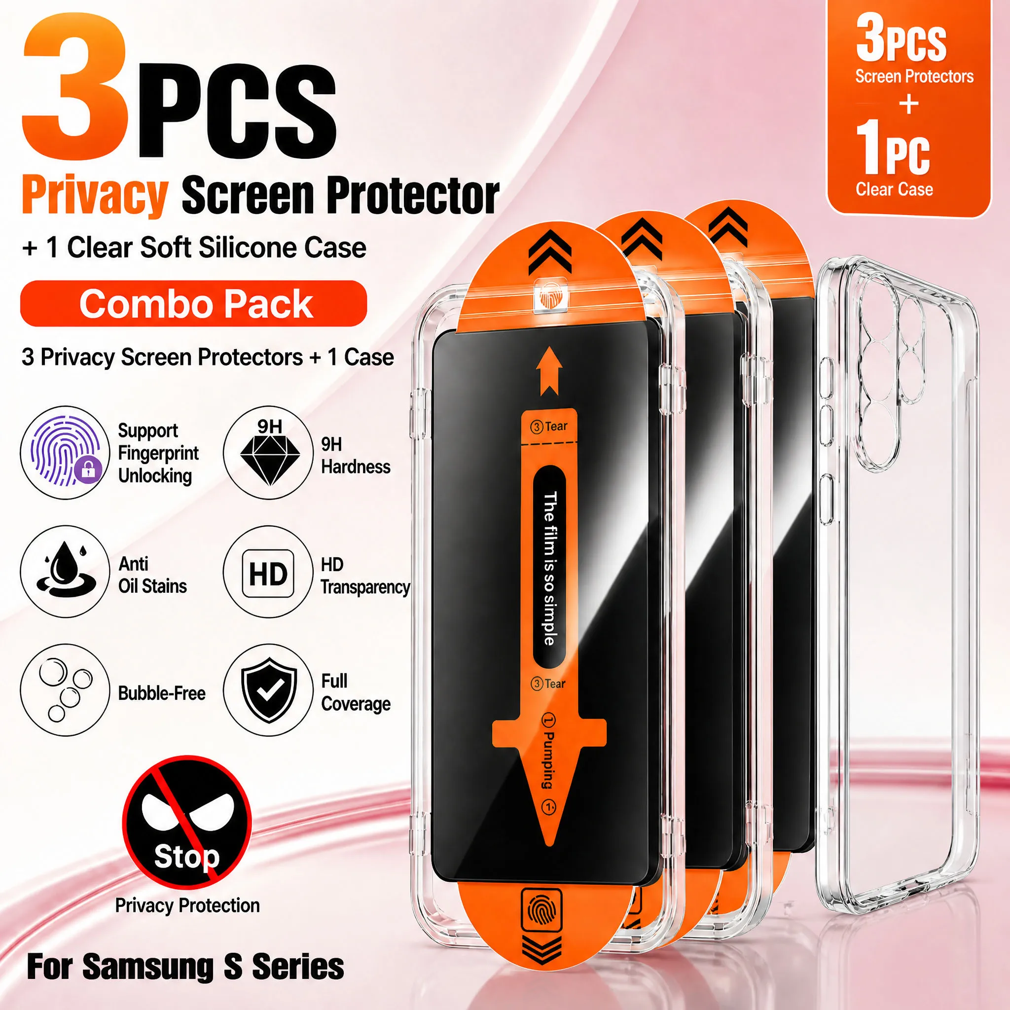 Geeignet für Samsung Galaxy S21/S22+/S23/S24/S25/S26, Sichtschutzfolie und Schutzhüllen-Set, 4er-Pack, Fingerabdruck-Entsperrung
