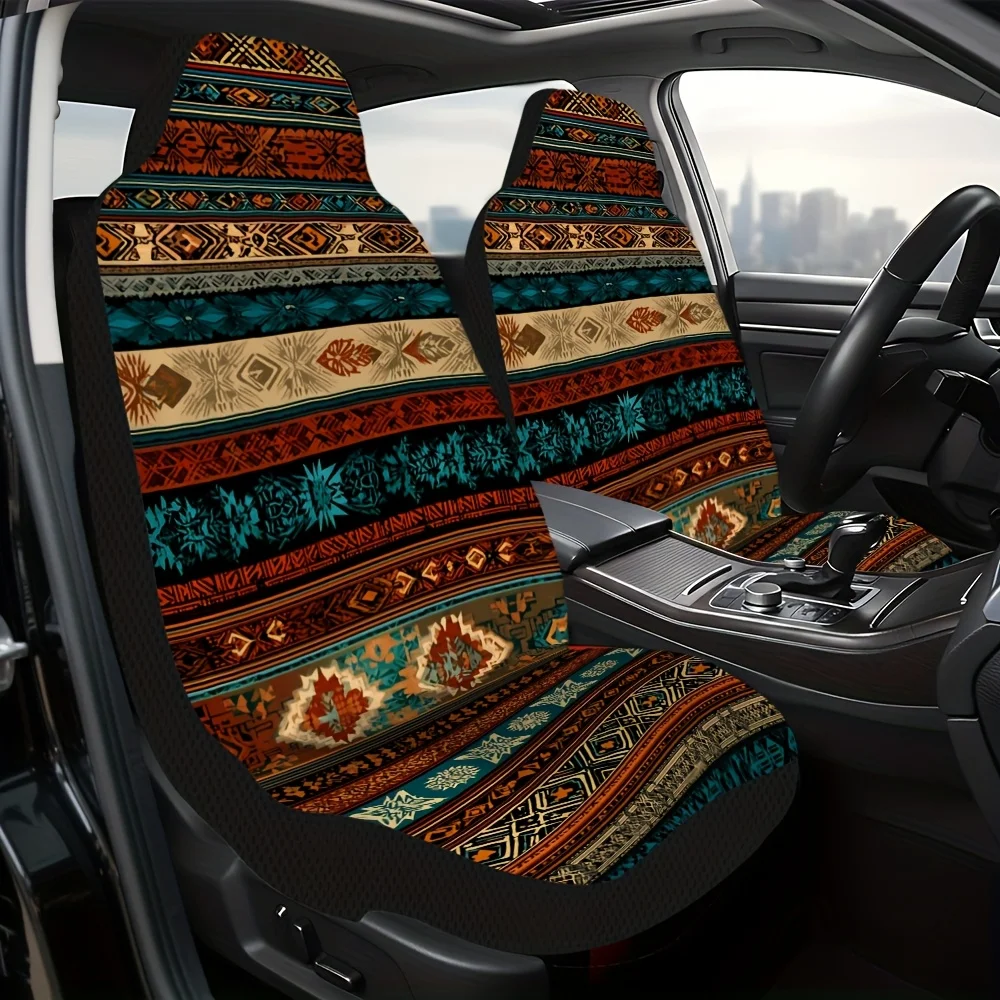2pcs Aztec Geometric Car Seat Covers Compatible For Single Front Seats, Fit Foldable & Washable Modern Tribal Design With Aztec