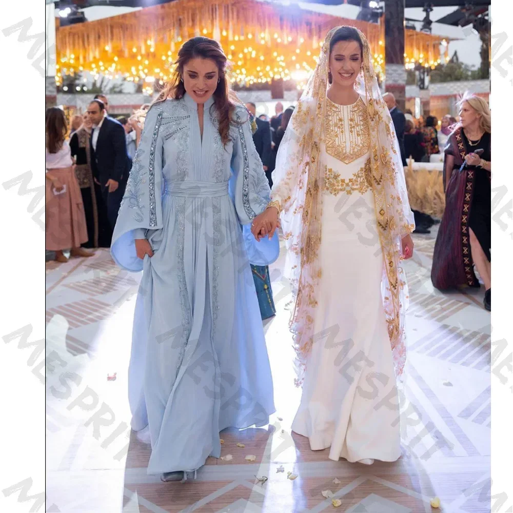 Customized Blue Bead High Neck Waist Cinched Evening Dress 2026 New Open Sleeve Chiffon A-line Ball Gown Suitable for Parties