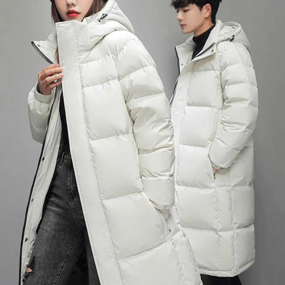 Couple Down Coat Cotton Coat Windproof Unisex Winter Down Coat with Stand Collar Hooded Neck Pockets Warm Thickened for Couples