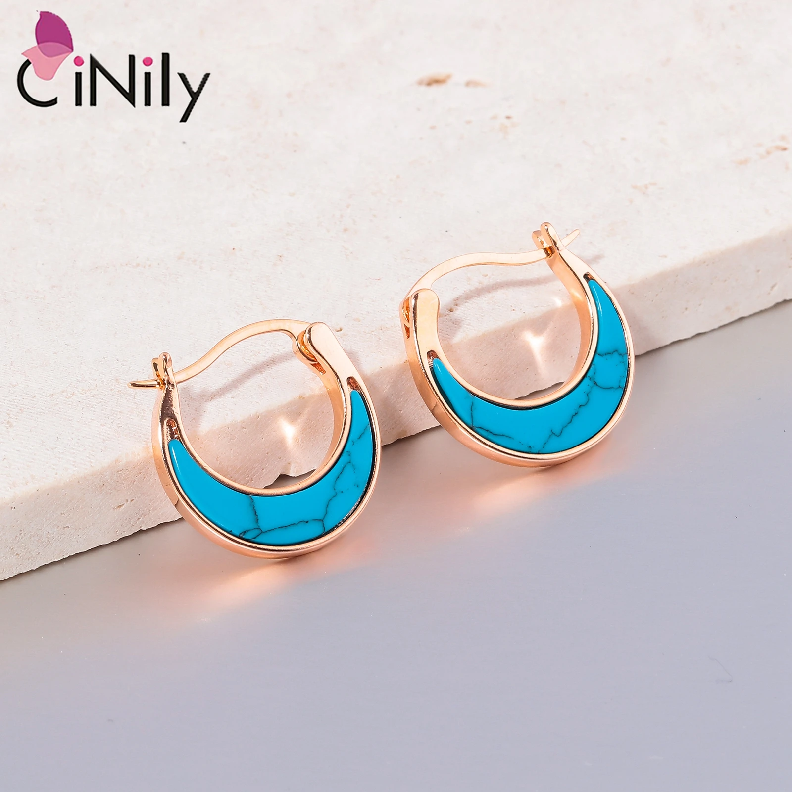 CiNily Exquisite Abalone Shell & Turquoise Hoop Earrings Rose Gold/Silver Plated Moon Shaped Earrings for Women Fashion Jewelry