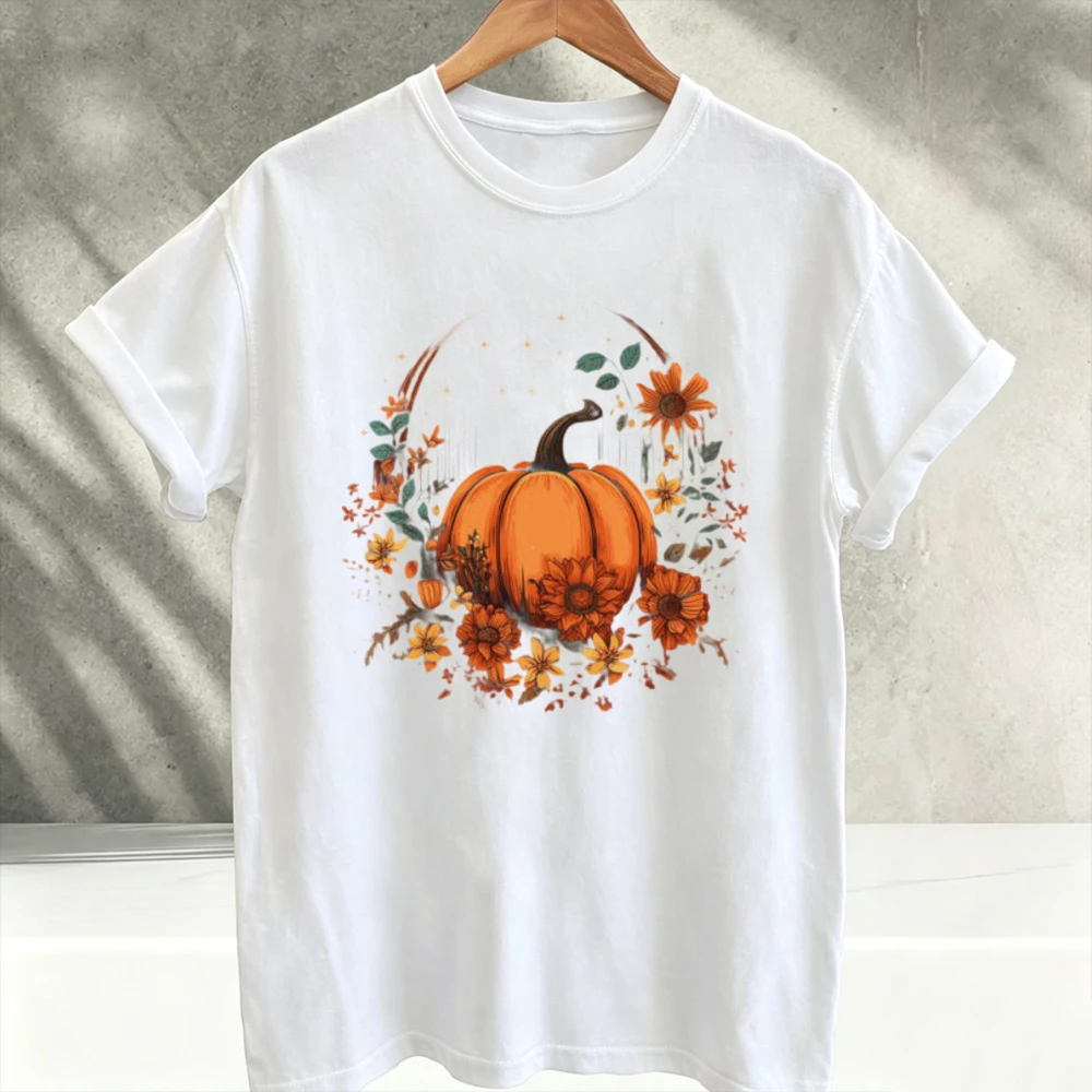 Vintage Fall Pumpkin Sunflower Floral Wreath Graphic T‑Shirt Men Autumn Harvest Botanical Art Print Tee Casual Short Sleeve Tops
