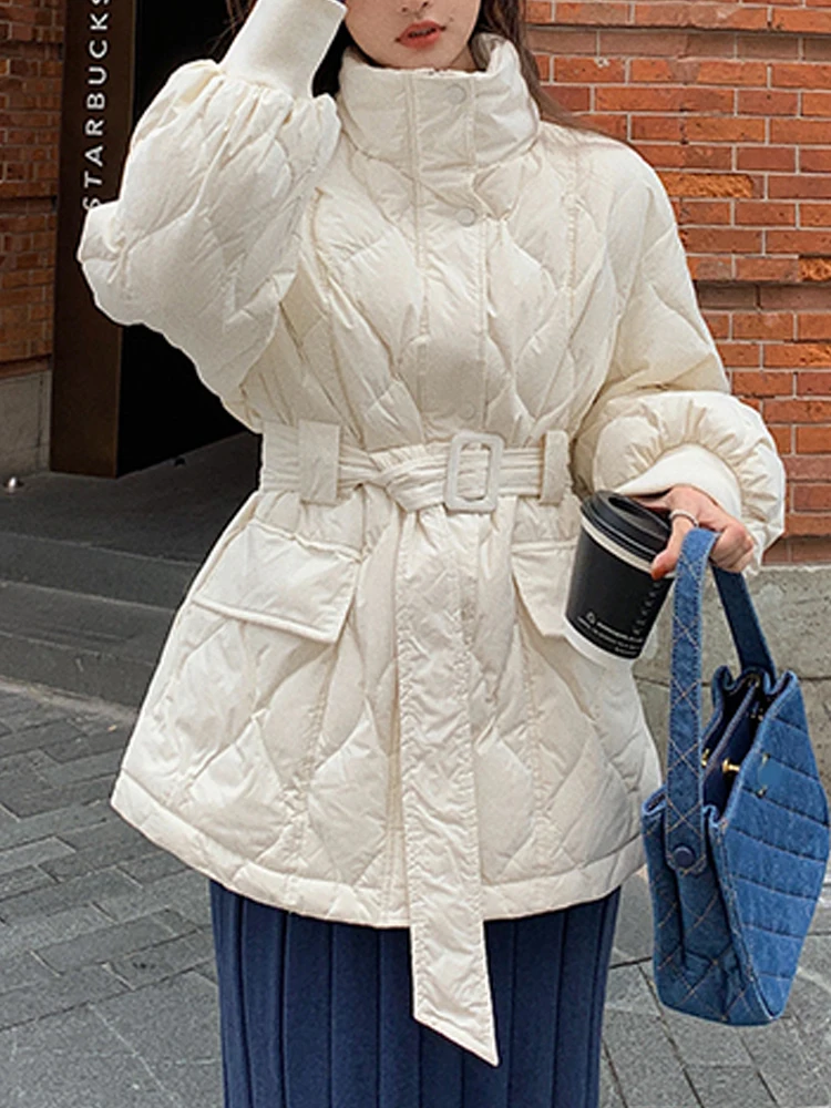 Autumn Winter Parkas Women Elegant Down Padding Coats Female Casual Fashion Stand Neck Jacket Ladies Chic Loose Coat with Belt