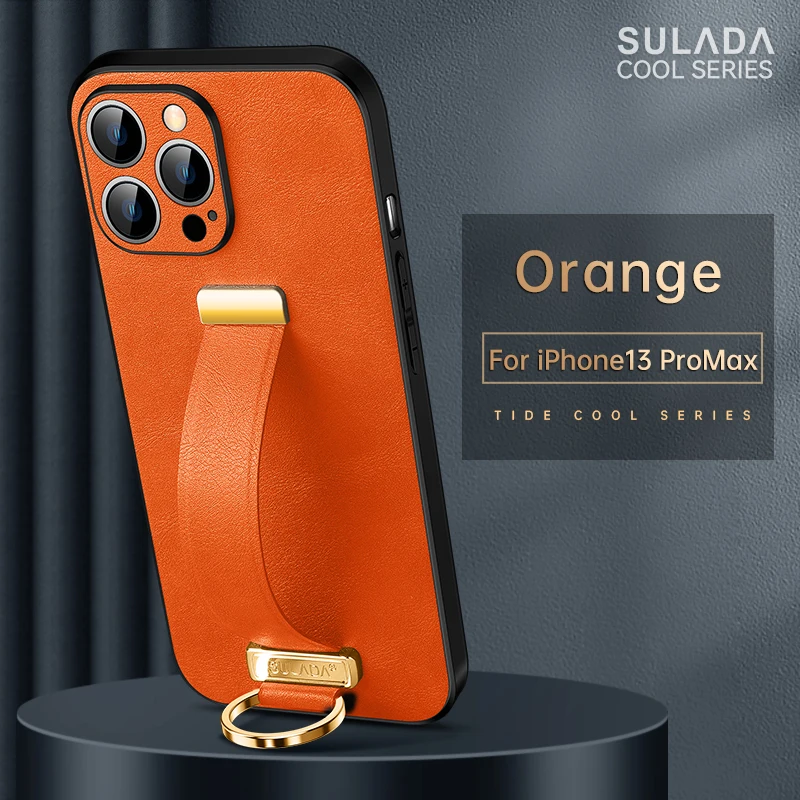 Original Sulada Leather Phone Case for Apple iPhone 15 14 Pro Max Plus 13 Classic Wristband Bracket Holder Ring Armor Back Cover