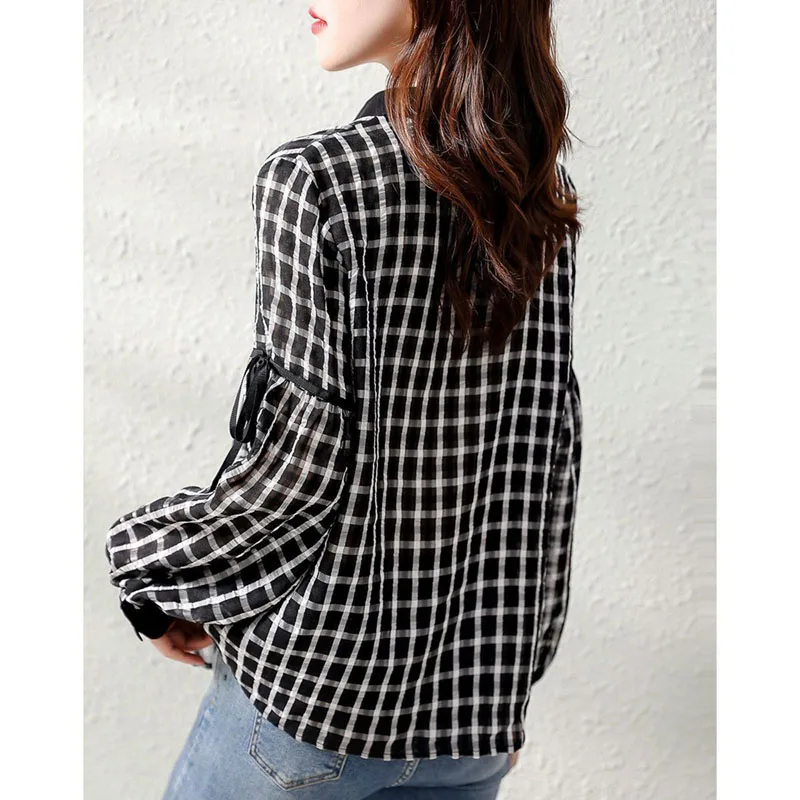 Fashion Lapel Printed Drawstring Lantern Sleeve Plaid Shirt Women's Clothing 2022 Autumn New Loose Casual Tops Korean Blouse