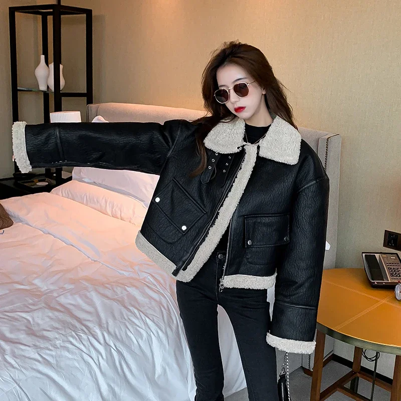 2023 New Women Fashion Thick Warm Faux Leather Shearling Jacket Coat Vintage Loong Sleeve Flap Pocket Female Outerwear Chic Tops