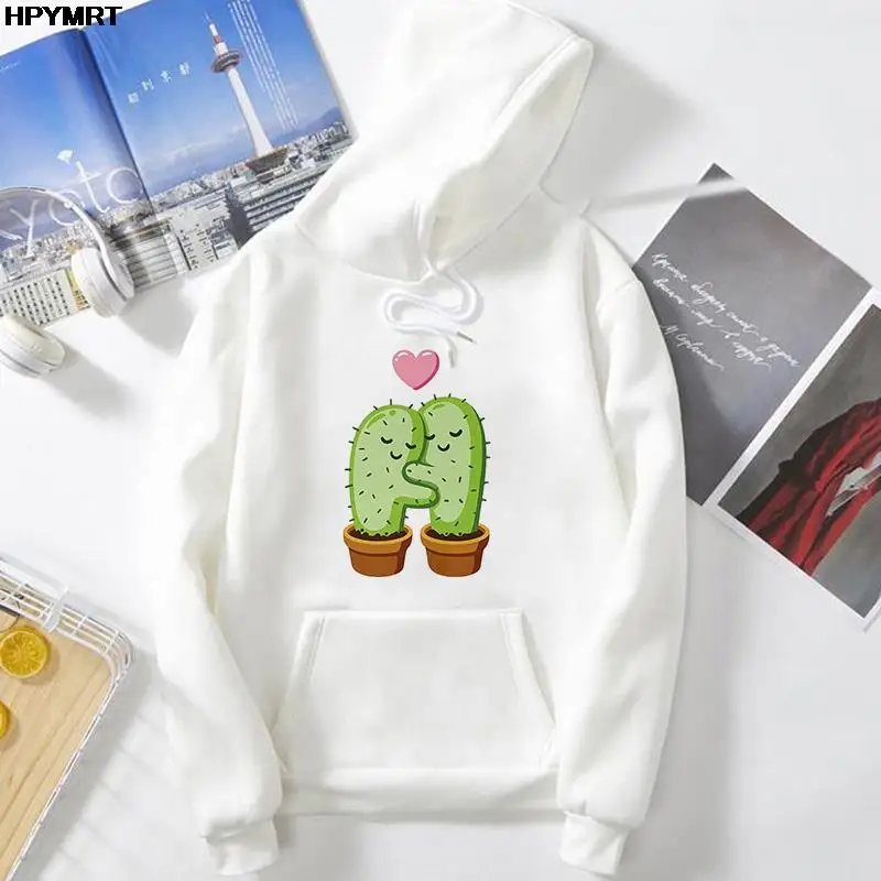 Autumn Winter long sleeves Hooded Tops ladys girl street Casual Sweatshirt Cartoon graphic Cactus Print Long Sleeve thin fleece