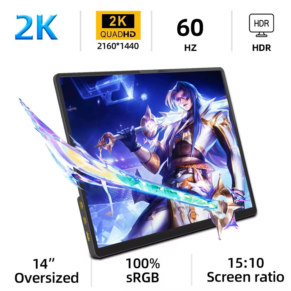14 Inch 2K Portable Monitor 15: 10 21601440 IPS HDMI TYPEC For Laptop XBox PS4/5 Switch Cell Phone Computer Extension Office