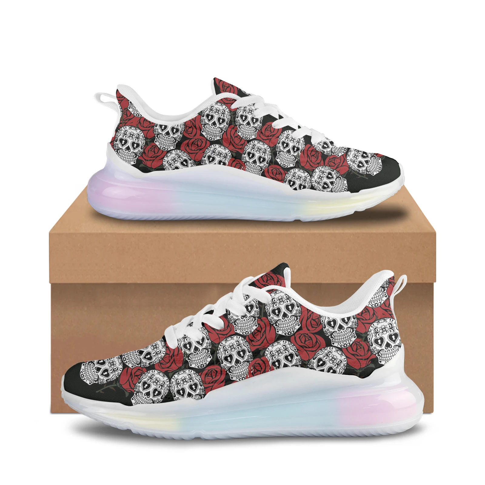 INSTANTARTS Skull Rose Pattern Personalized Female Sports Shoes Outdoor Sports Shoes All-match 2023 Trend Air Cushion Shoes Null