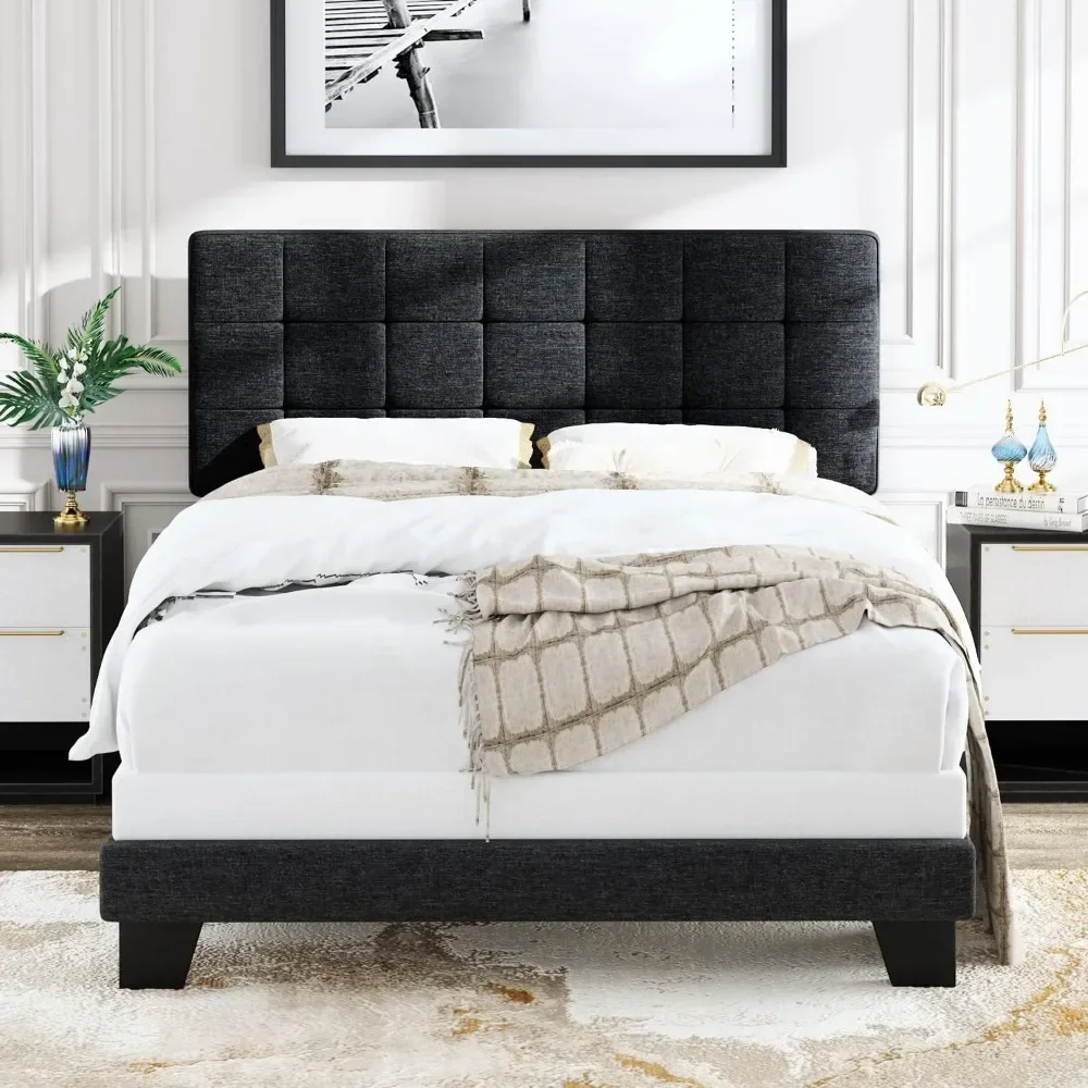 Queen Size Panel Bed Frame with Adjustable Headboard for High Profile/Fabric Upholstered/Square Stitched Padded Headboar