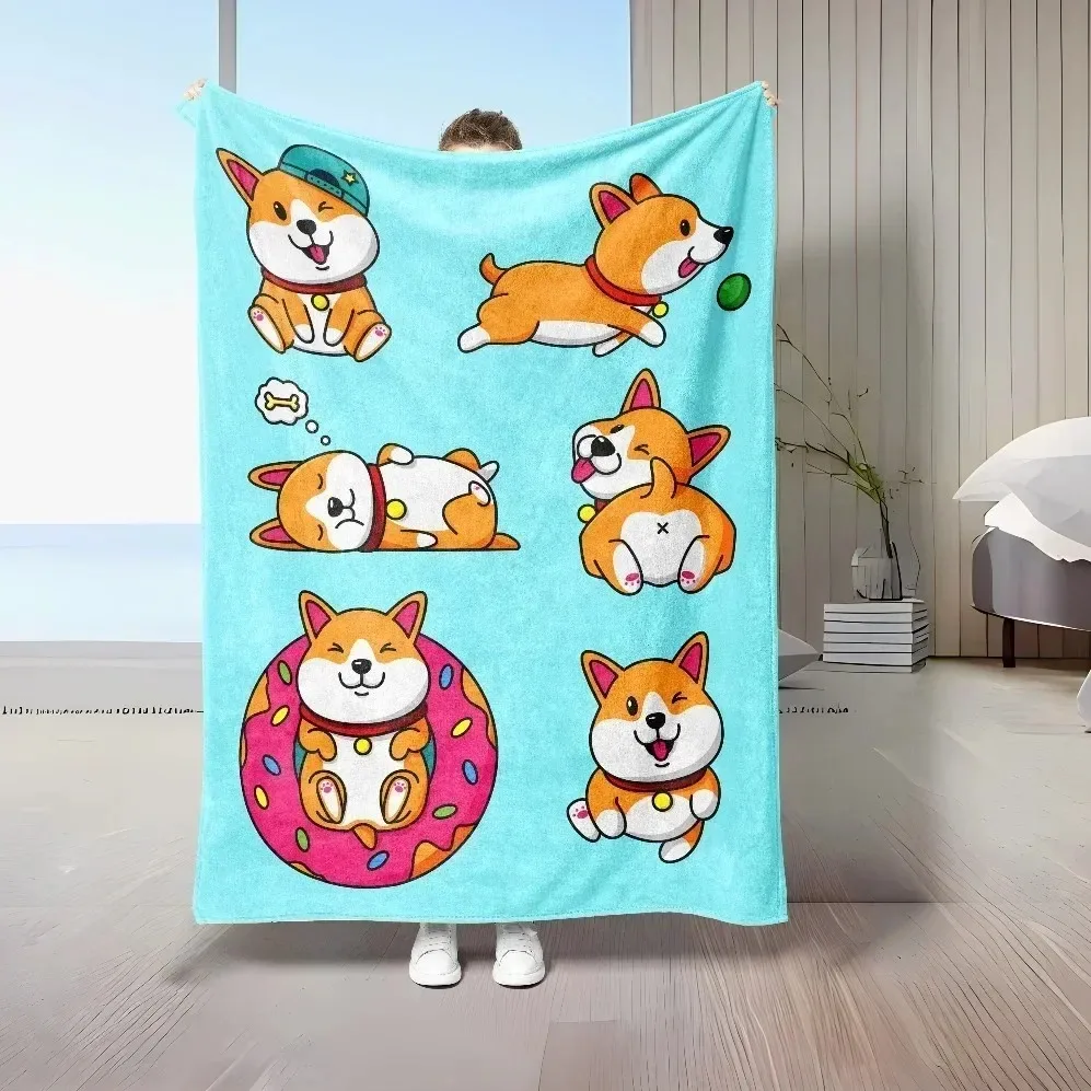 Cute Cartoon Shiba Inu Puppy Print Throw Blanket, Light Blue Background Kawaii Dog Pattern Soft Flannel Cozy Blanket, Warm Decor