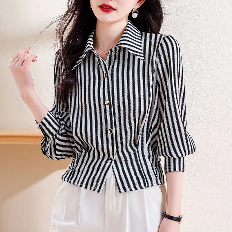 Womens Fashion Classic Striped Print Button Shirt Office Lady Elegant Lapel Blouse Casual Long Sleeve Loose Tops Chiffon Camisas