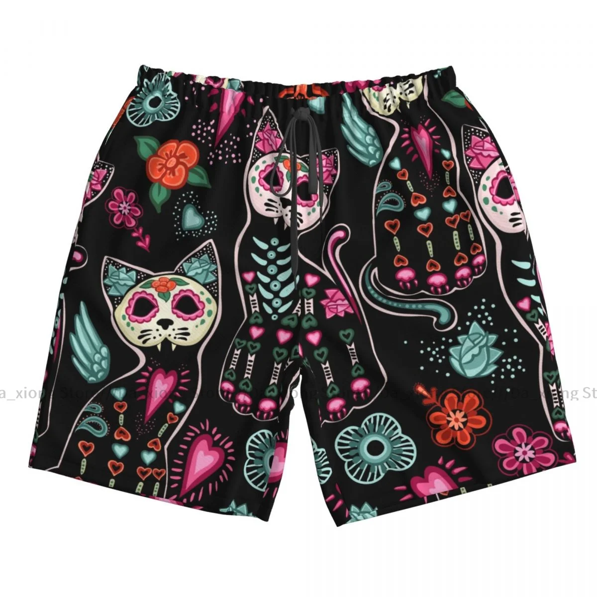 Shorts de natação curtos de praia dos homens, Dia Dos Mortos, Halloween Cats Surfando, Tabuleiro Esportivo, Roupa de Banho