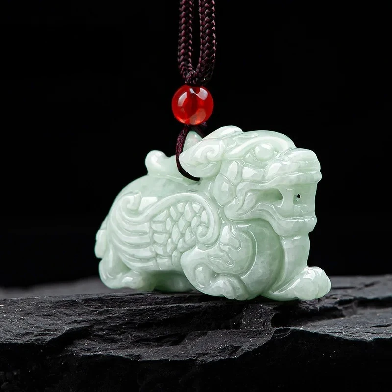

Natural Myanmar A Goods Jadeite Flying Qilin Pendant Light Green Ice Men's and Women's Jade Necklace Fortune Auspicious Amulet