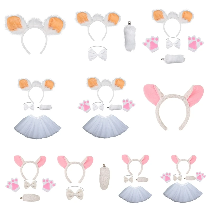 Animals Costume Set Sheep Hair Hoop Set Plush Tail Bowtie Sheep Ears Headband White Mesh Skirt Gloves for Parties DXAA