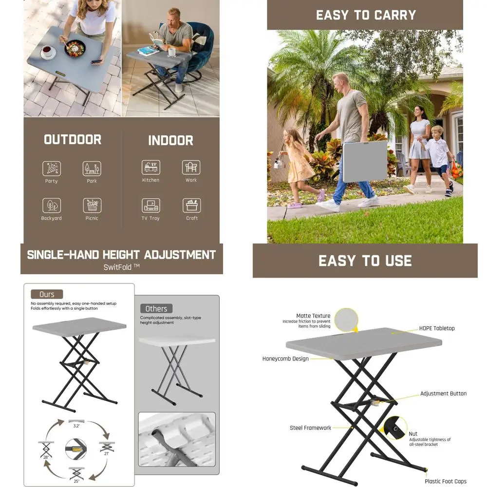 

Складной стол с регулируемой высотой, 3-позиционный, многофункциональный поднос для телевизора 28, портативный столик для ноутбука, не требует сборки, серый